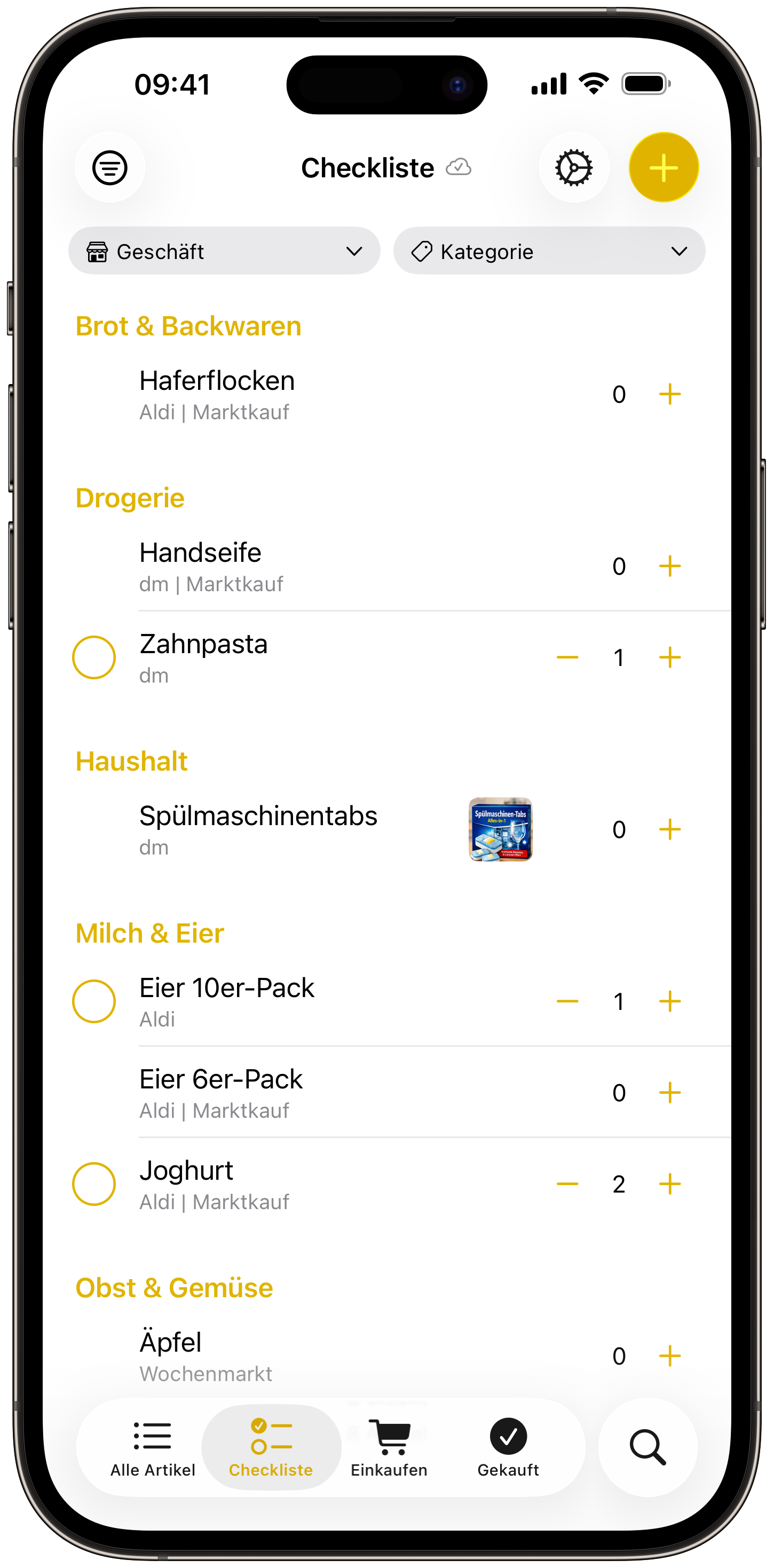 Checklistenansicht mit Kategorien und Mengensteuerung