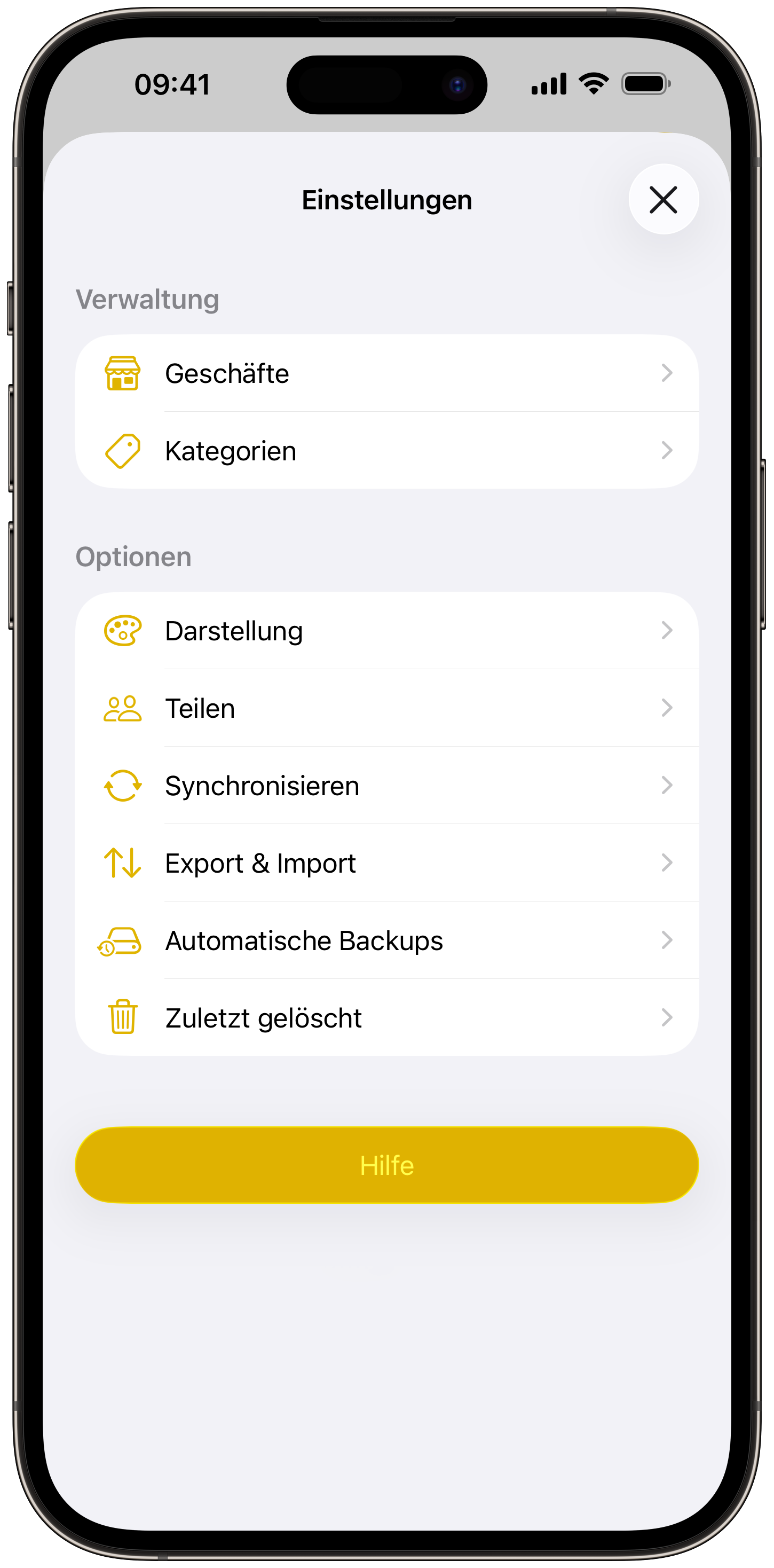 Meinkaufen-Einstellungen mit Teilen, Synchronisieren, Export, Backups und Zuletzt gelöscht