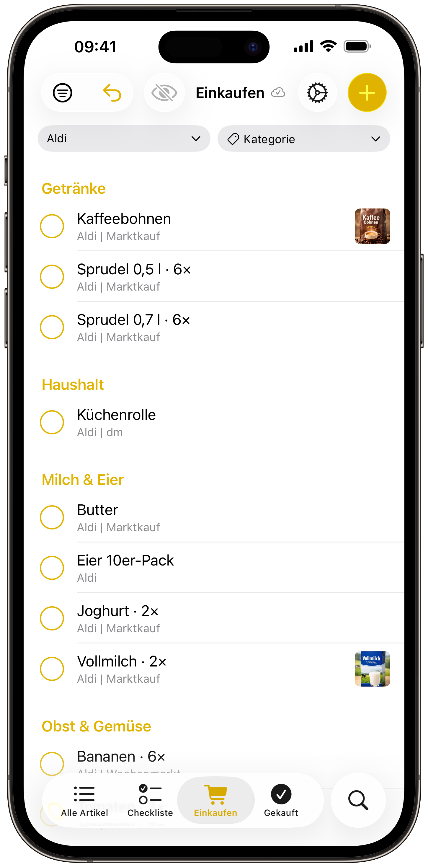 Einkaufsansicht mit dem Geschäftsfilter Aldi; offene Artikel sind nach Kategorien gruppiert