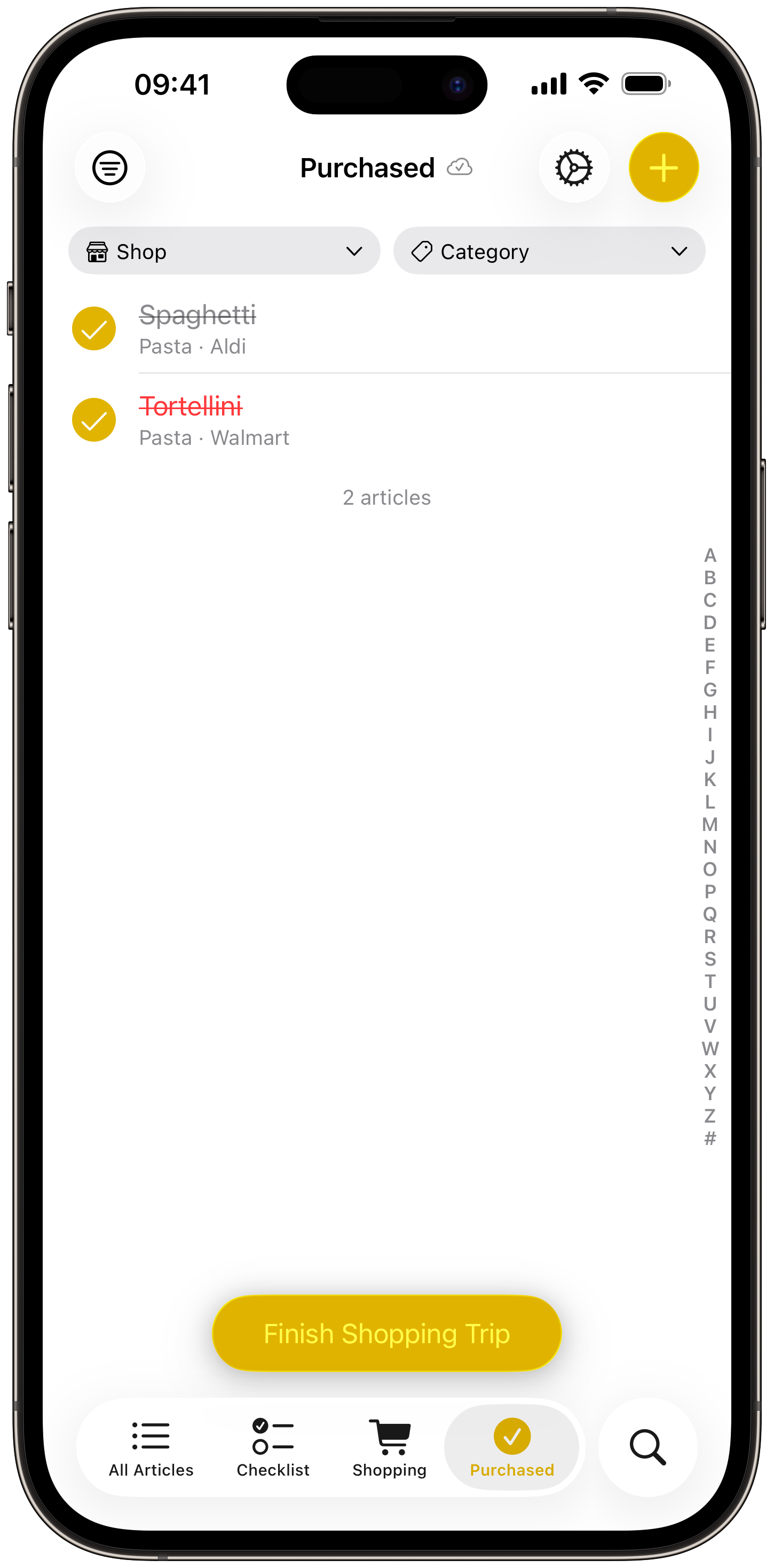 Purchased view with completed items and the Finish Shopping Trip button