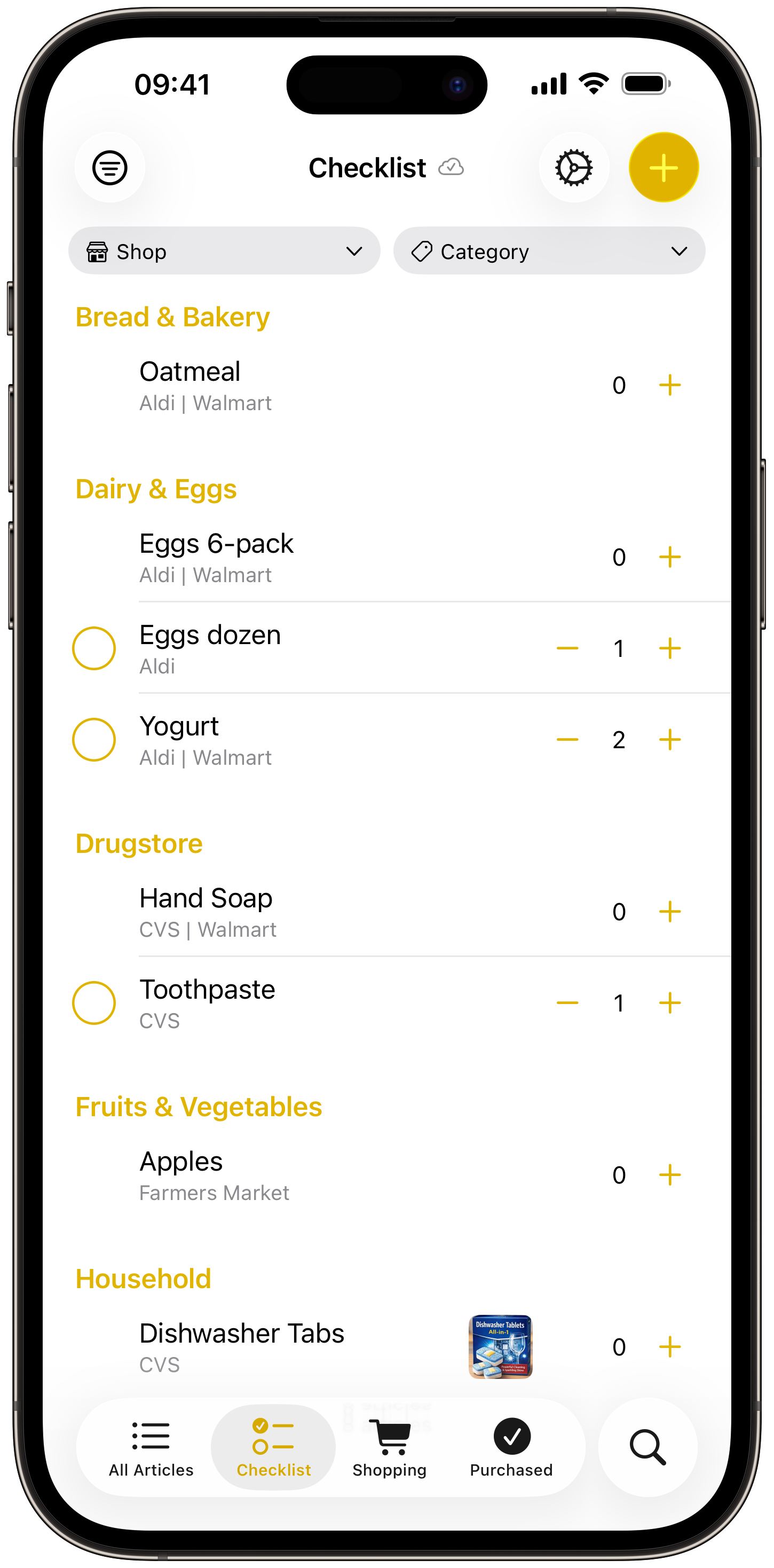 Checklist view with categories and quantity controls