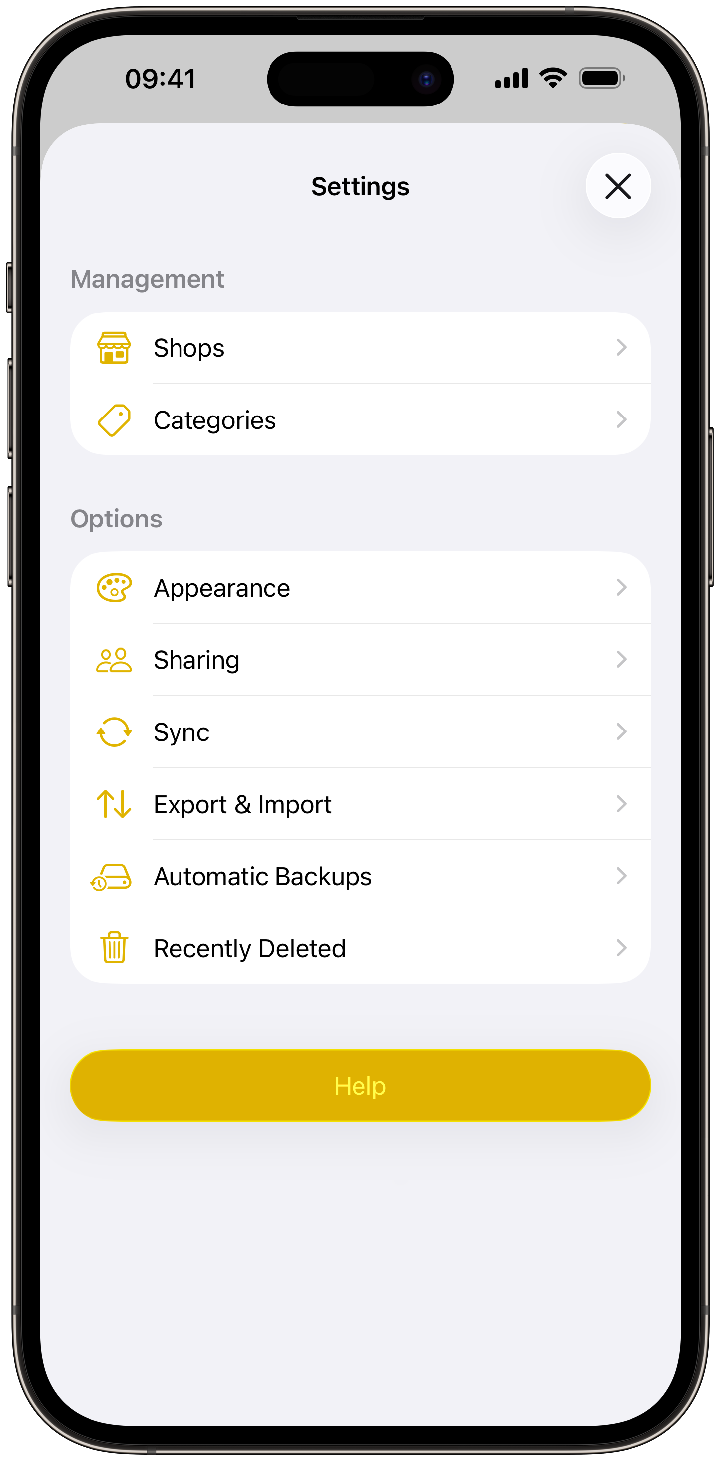Meinkaufen settings with sharing, sync, export, backups, and Recently Deleted