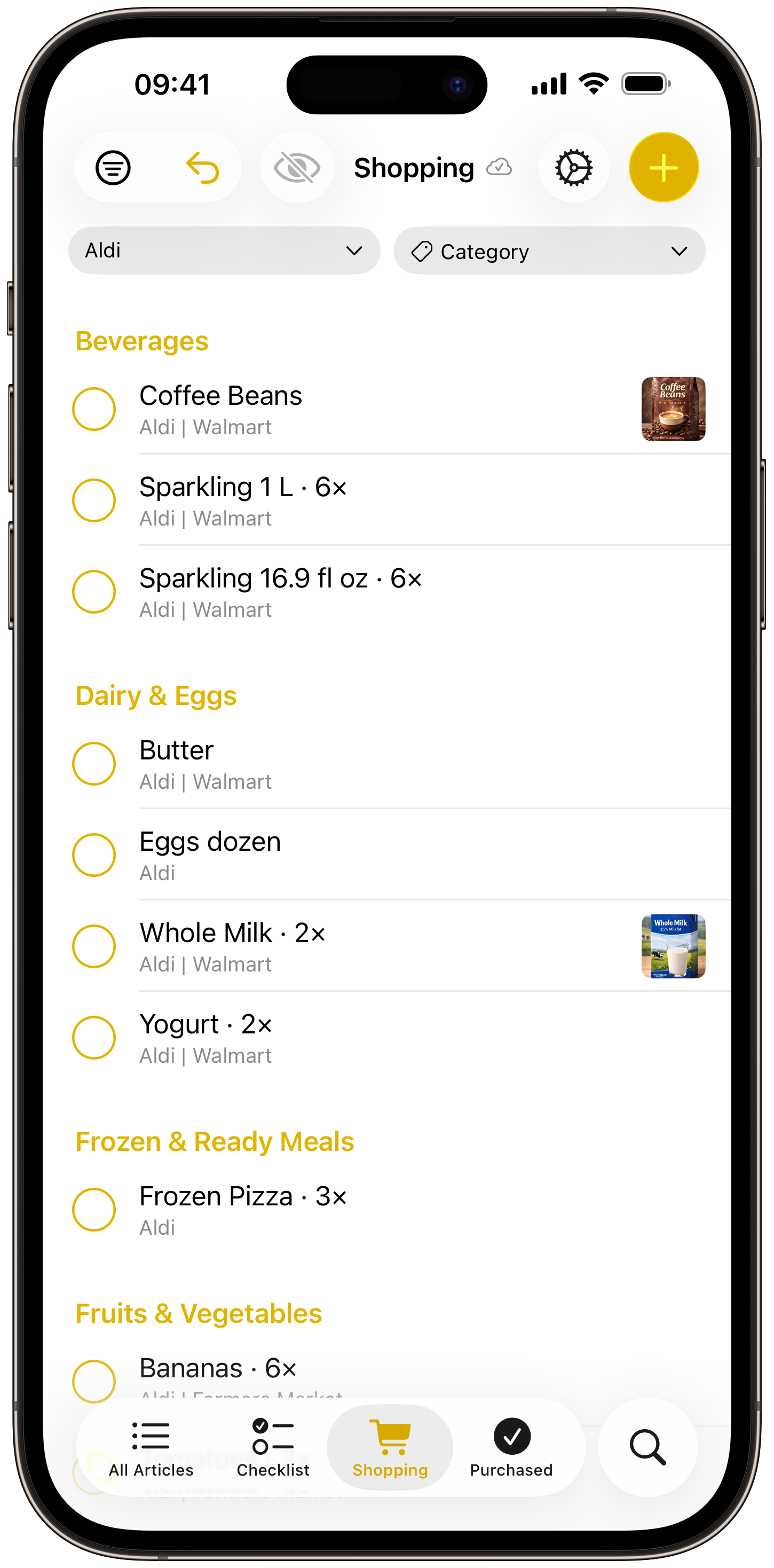 Shopping view with the Aldi shop filter active; open items are grouped by category